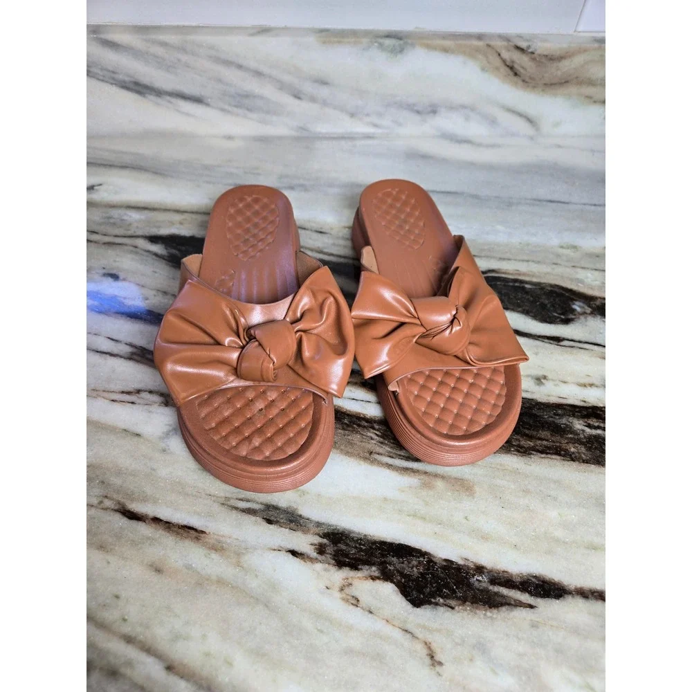 Rouge‎ Helium Womens Cognac Brown Bow Platform Slide Sandals Size 9